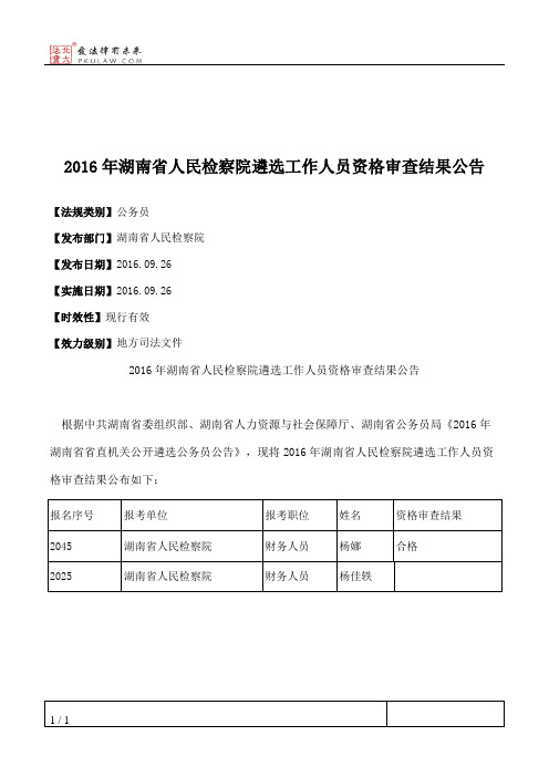 2016年湖南省人民检察院遴选工作人员资格审查结果公告