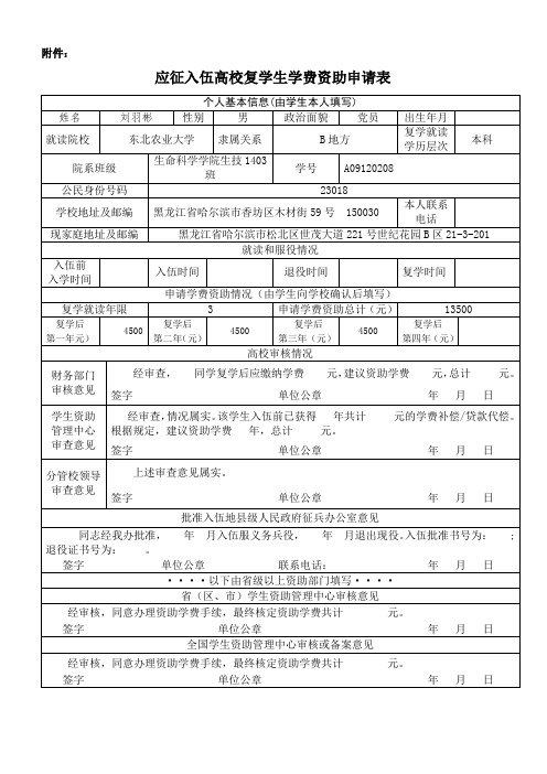 退役士兵复学学费资助申请表