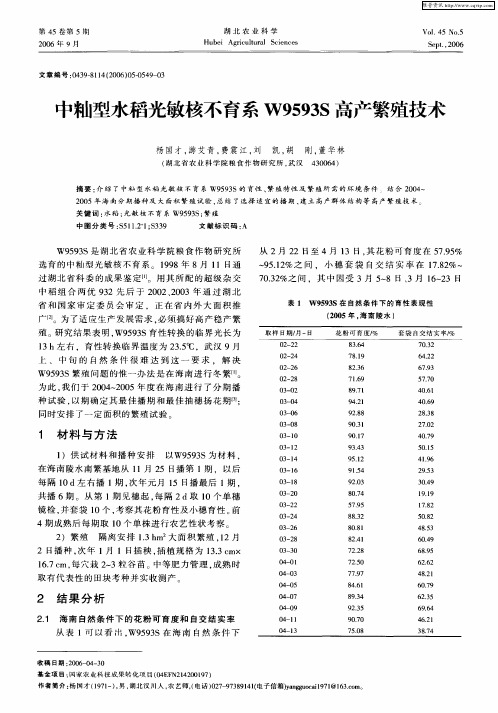 中籼型水稻光敏核不育系W9593S高产繁殖技术