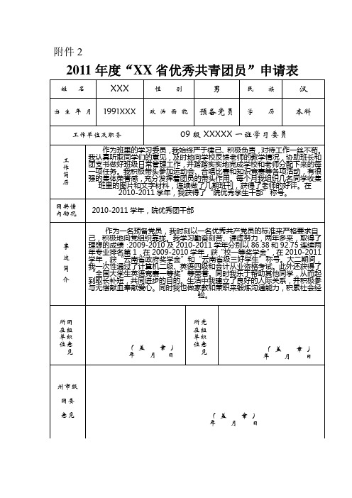 优秀团员申请表