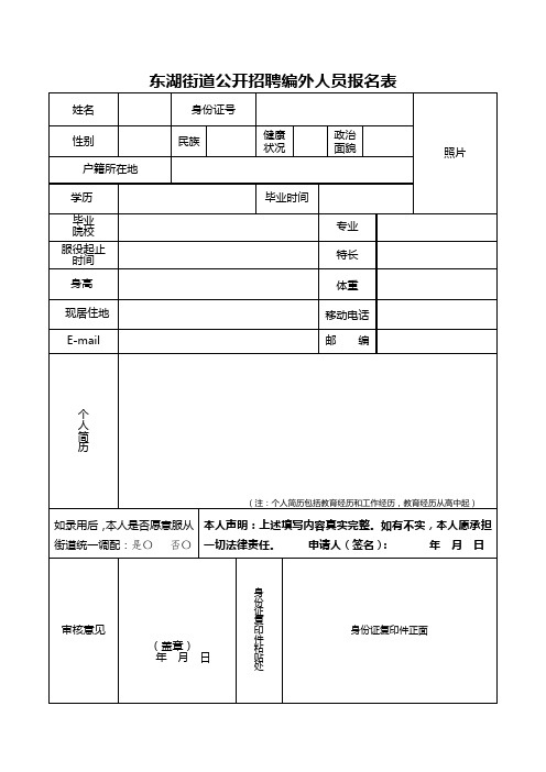 东湖街道公开招聘编外人员报名表【模板】
