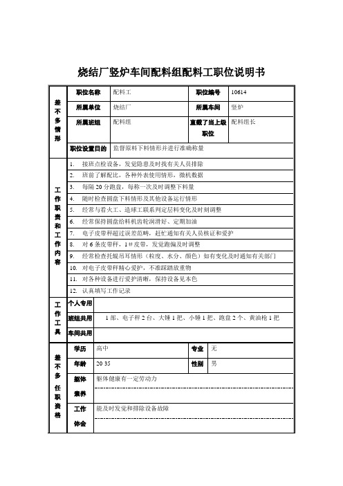 烧结厂竖炉车间配料组配料工职位说明书