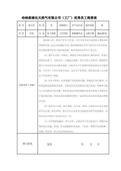 哈纳斯液化天然气有限公司优秀员工推荐表
