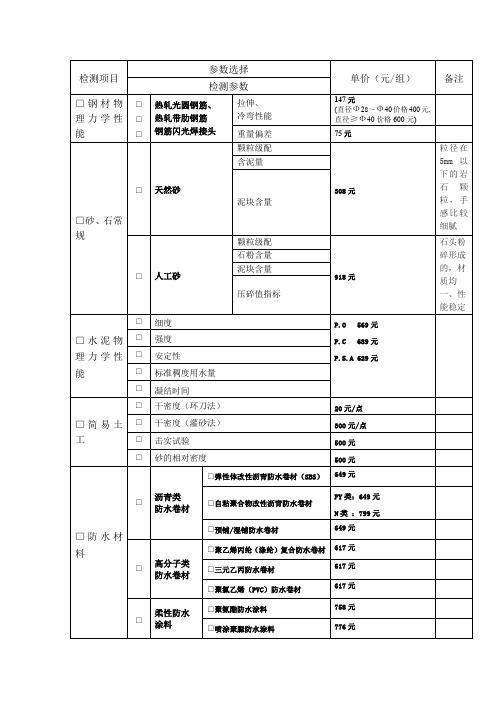 材料检测参数及费用价格