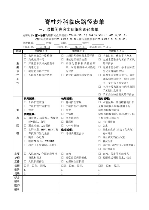 脊柱外科临床路径表单3.19-1