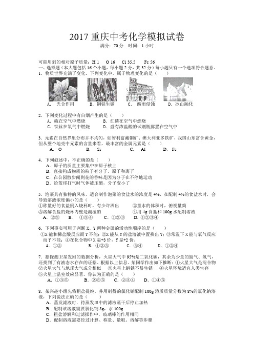 2017重庆中考化学模拟试卷8