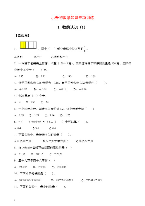 2019-2020学年小升初数学知识专项训练一   数与代数-1.数的认识(1)【推荐】.docx