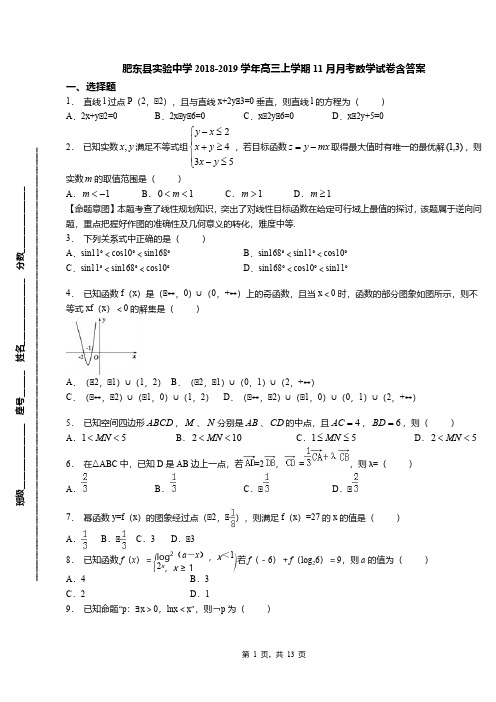肥东县实验中学2018-2019学年高三上学期11月月考数学试卷含答案