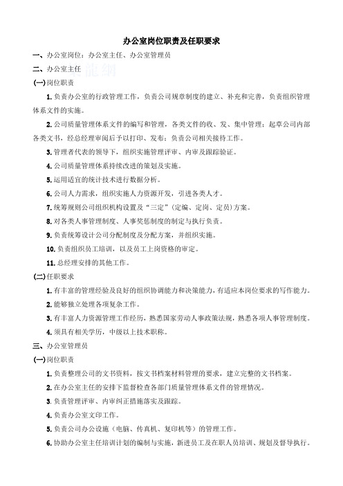 公司各岗位职责及任职要求
