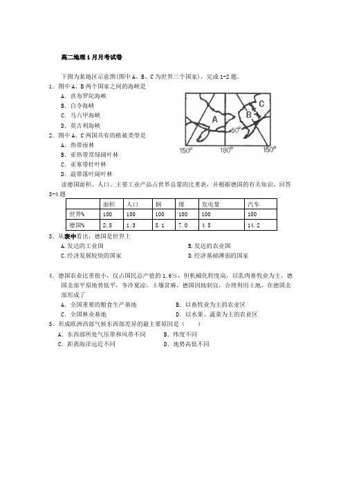 河北省衡水市阜城中学2014-2015学年高二上学期1月月考地理试题 Word版缺答案