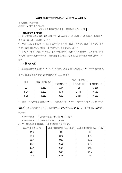 2005中国石油大学(北京)油藏物理考研试题