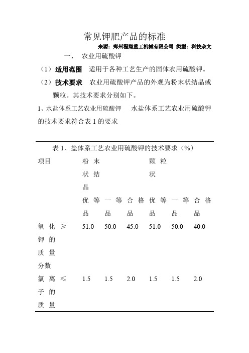 常见钾肥产品的标准