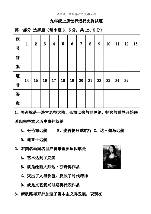 九年级上册世界近代史测试题