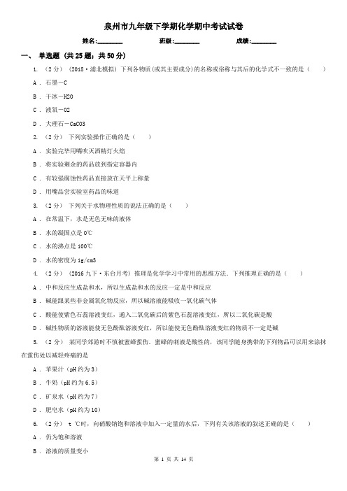 泉州市九年级下学期化学期中考试试卷