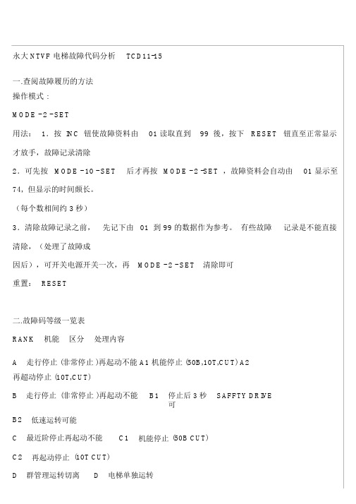 永大NTVF电梯故障代码TCD11资料