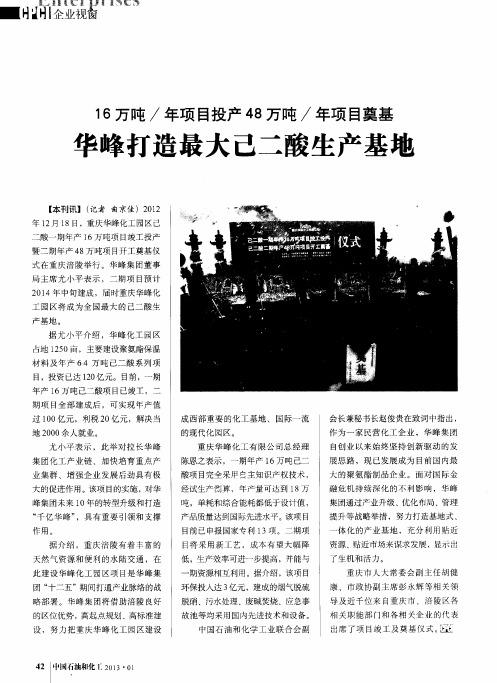 16万吨／年项目投产48万吨／年项目奠基 华峰打造最大己二酸生产基地