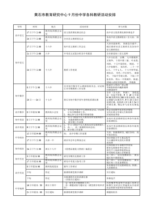 黄石市教育研究中心中学各科教研活动安排