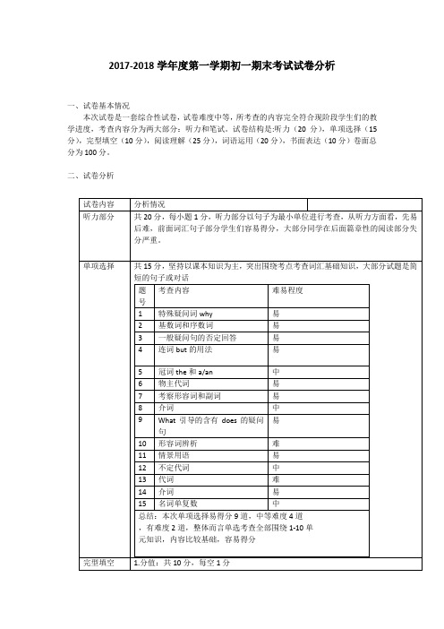 2017-2018学年度第一学期初一期末考试试卷分析