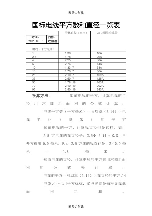 国标电线平方数和直径一览表-1.5平方线截面积之欧阳语创编
