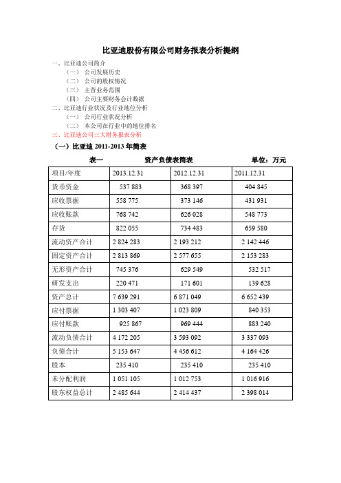 比亚迪财务报表分析提纲