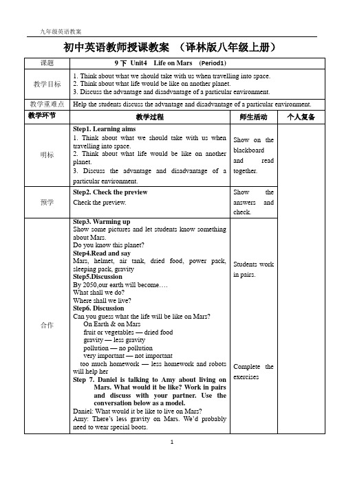 译林版牛津英语9下 Unit 4 单元教案