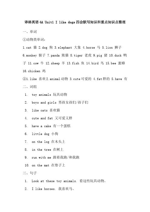 译林英语4A Unit1 I like dogs四会默写知识和重点知识点整理