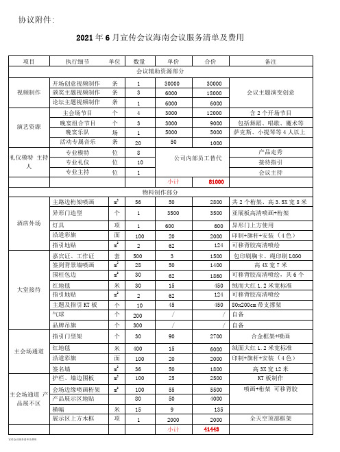 宣传会议服务清单及费用