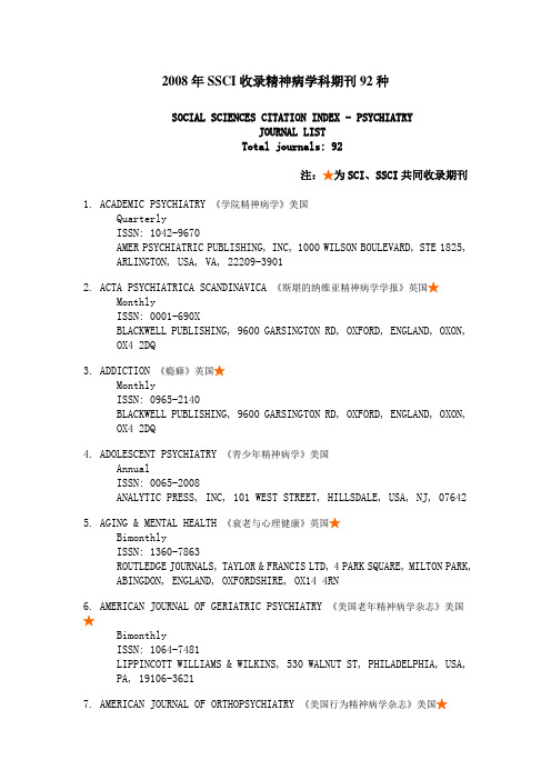 SSCI收录精神病学科期刊92种