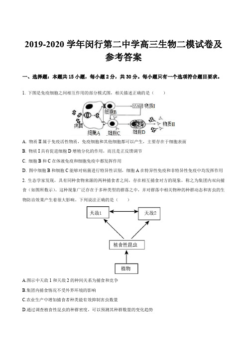 2019-2020学年闵行第二中学高三生物二模试卷及参考答案