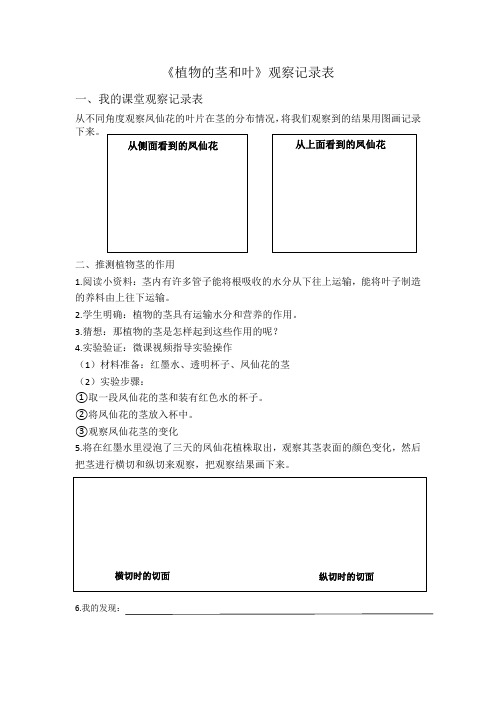 《植物的茎和叶》实验记录表
