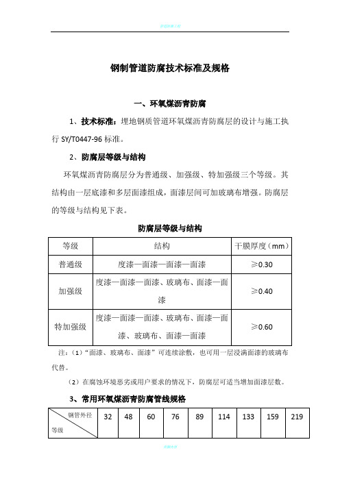 管道防腐工程常用规格及技术标准