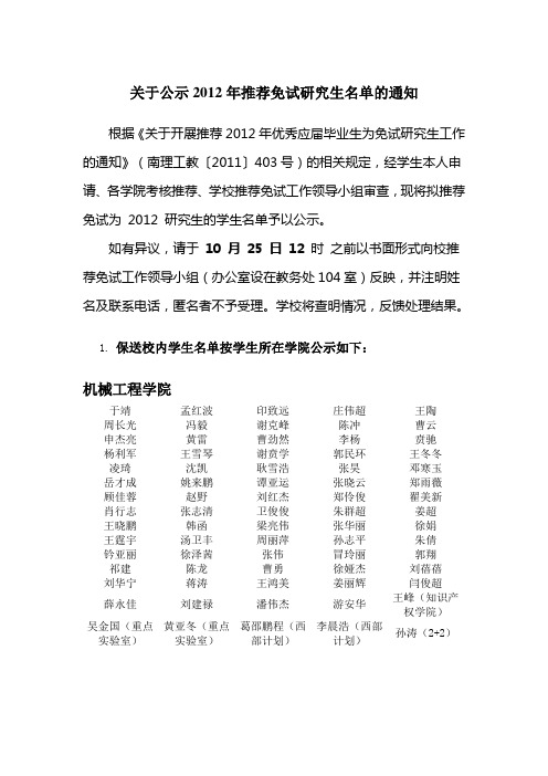 南京理工大学2012年推荐免试研究生名单及人数