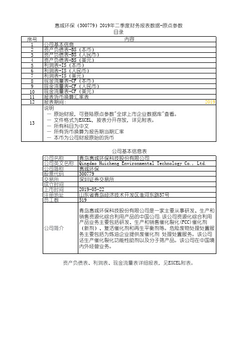 惠城环保(300779)2019年二季度财务报表数据-原点参数