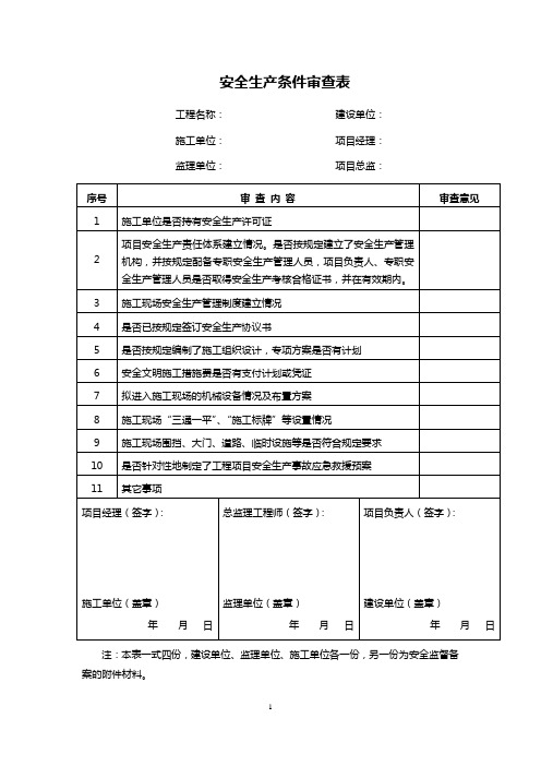 安全生产条件审查表