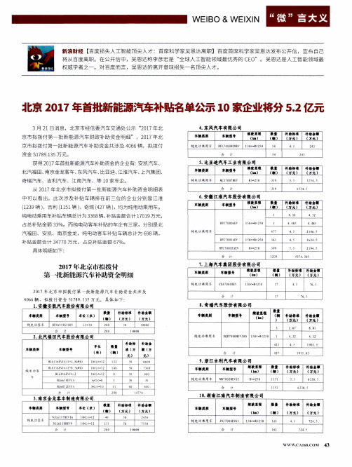 北京2017年首批新能源汽车补贴名单公示10家企业将分5.2亿元