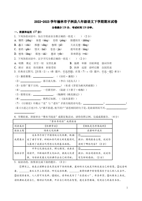 2022-2023学年榆林市子洲县八年级语文下学期期末试卷附答案解析