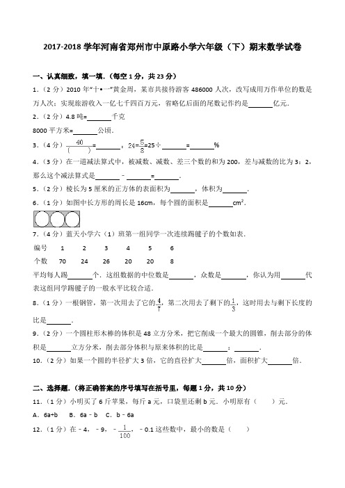 2018~2019学年河南省郑州市中原路小学六年级(下)期末数学试卷