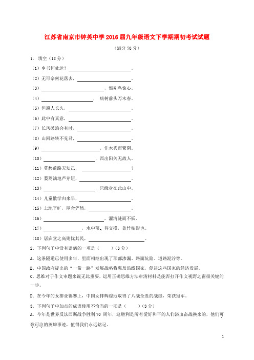 江苏省南京市钟英中学九年级语文下学期期初考试试题