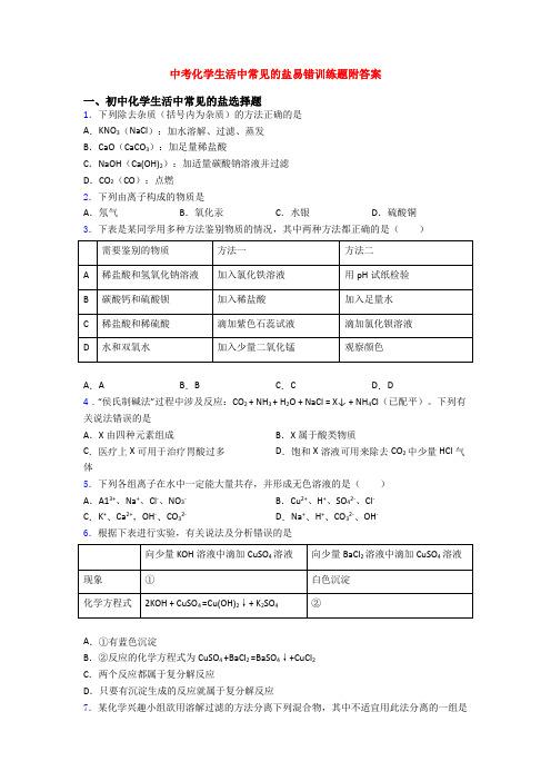 中考化学生活中常见的盐易错训练题附答案