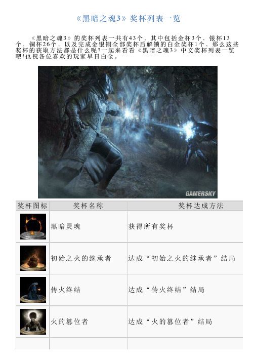 《黑暗之魂3》奖杯列表一览