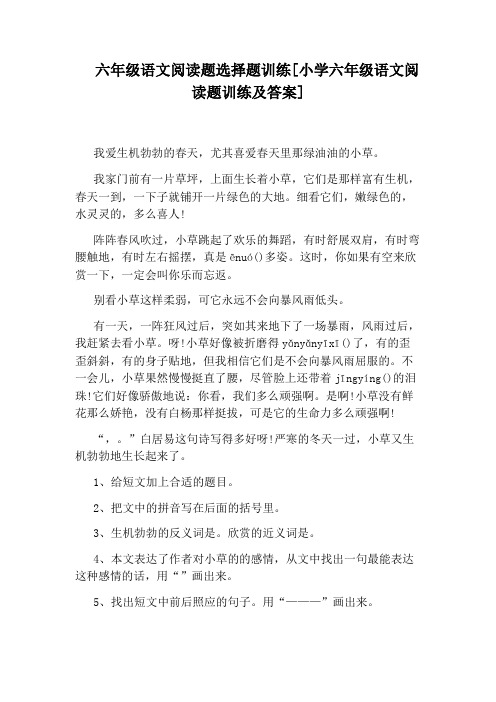 六年级语文阅读题选择题训练[小学六年级语文阅读题训练及答案]