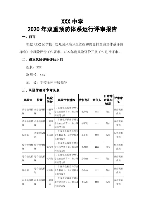 2020年XXX中学双重预防体系运行评价报告