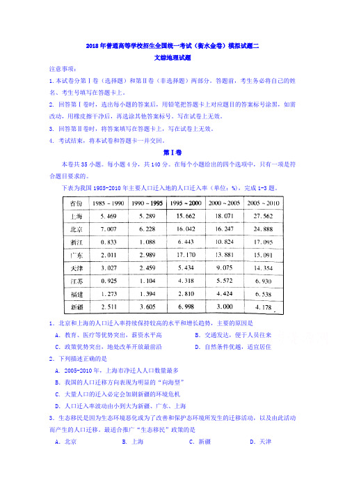 2018年普通高等学校招生全国统一考试(衡水金卷)文综地理试题模拟试题(二)