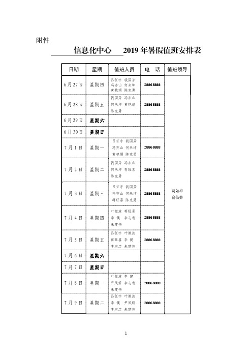 信息化中心2019年暑假值班安排表