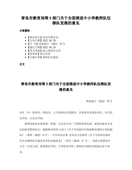 青岛市教育局等3部门关于全面推进中小学教师队伍梯队发展的意见