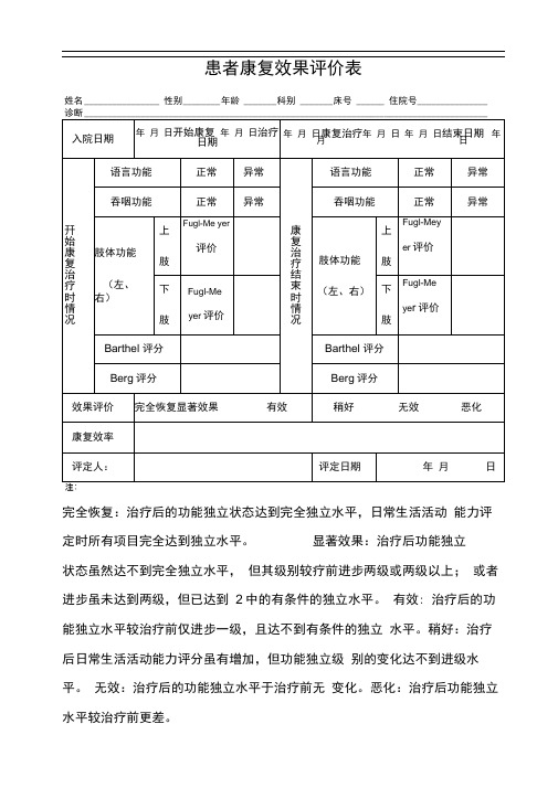 患者康复效果评价表