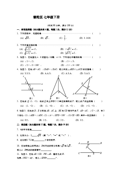 上海市普陀区七年级下册期末考试数学试题