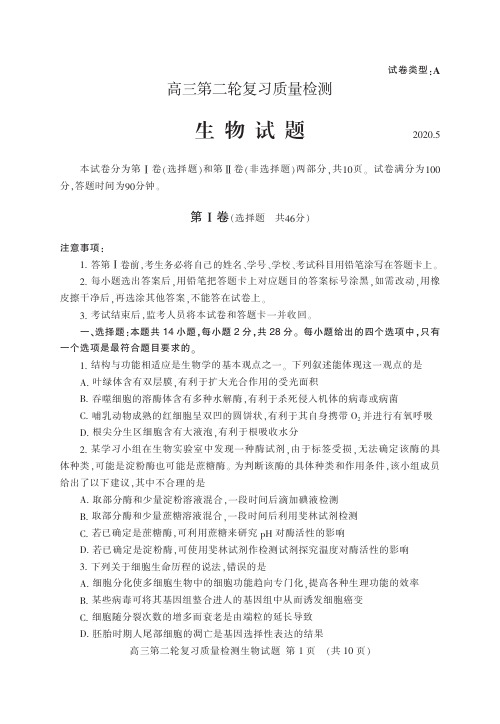 山东省泰安市2020届高三第二轮复习质量检测(二模)生物试题(PDF版)