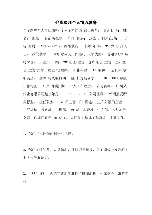 仓库经理个人简历表格