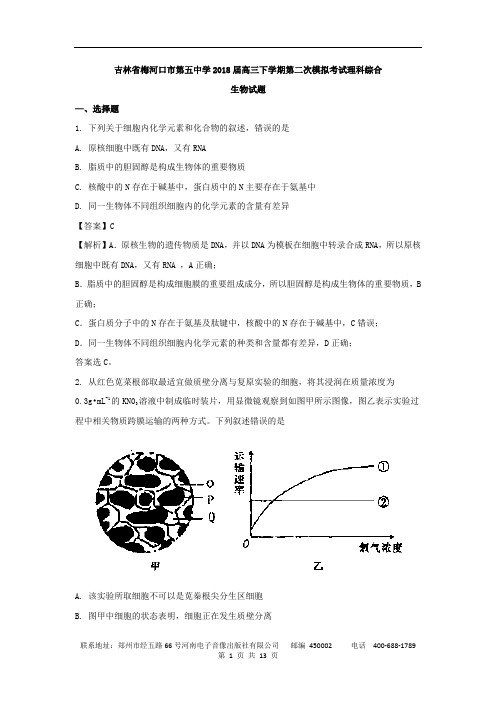 【解析版】吉林省梅河口市第五中学2018届高三下学期第二次模拟考试理科综合生物试题